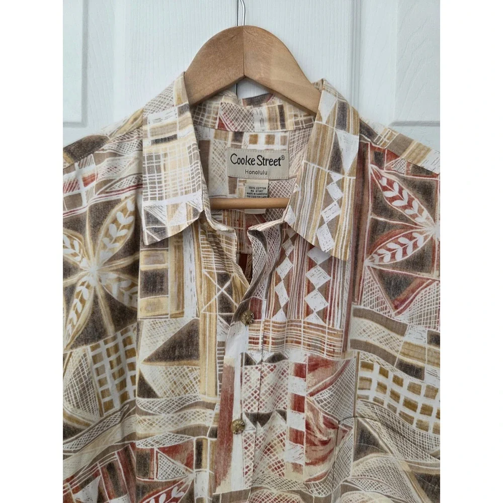 Cooke Street Honolulu Button Down Shirt Tribal Hawaiian Shirt Mens 2XL Tan Brown